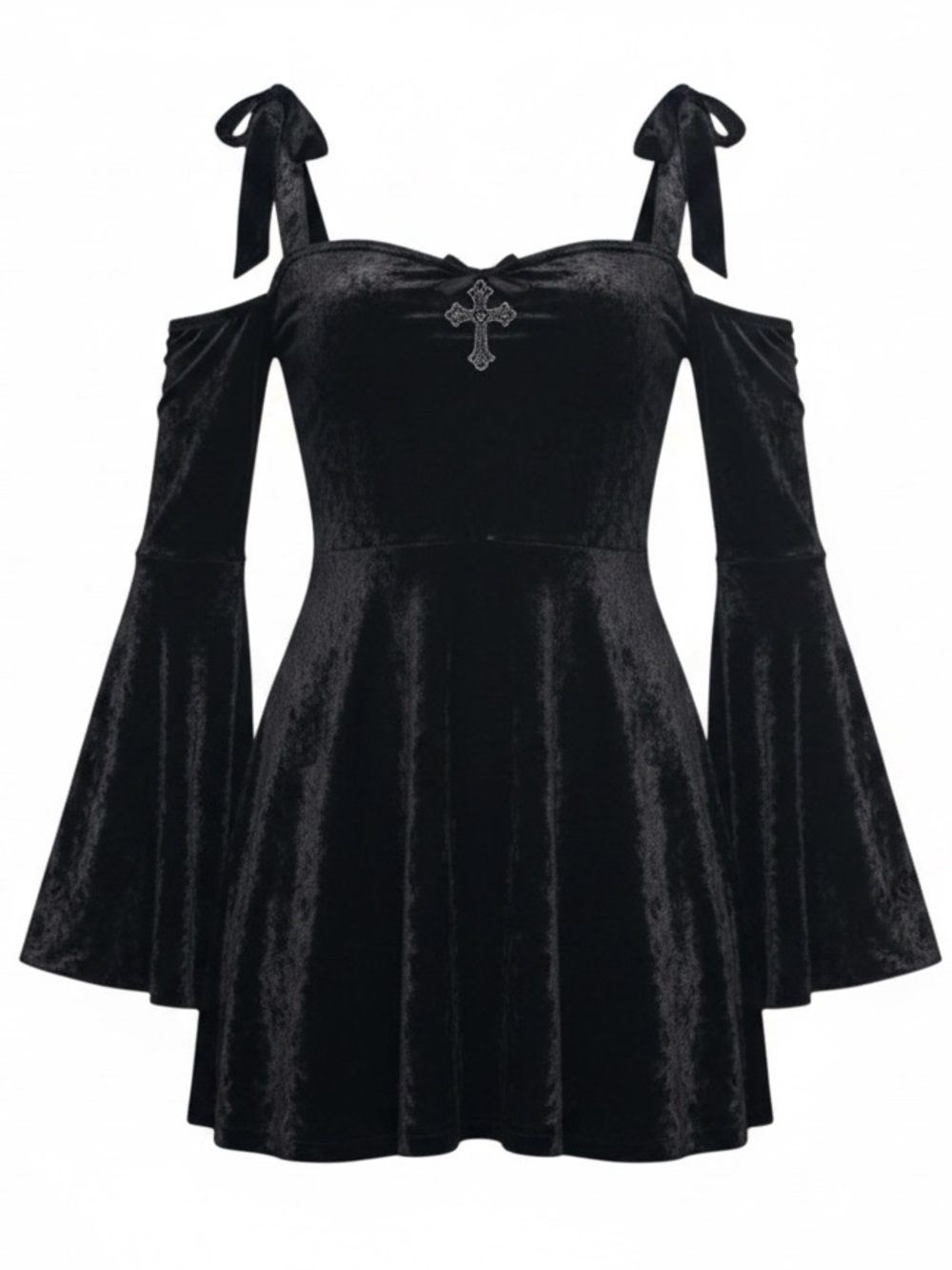 NWT Dolls Kill Widow Nocturnal Elegance Mini Dress in Black Velvet Silver Cross